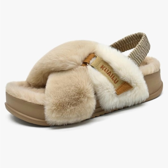 NWT Kuailu Women’s Beige Fuzzy Criss Cross Platform Slippers w/ Arch Support - 8 - Picture 2 of 9